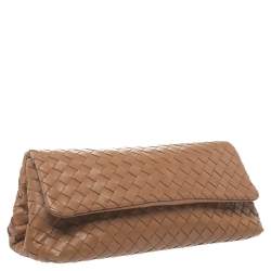 Pre Owned Bottega Veneta Brown Intrecciato Woven Leather Flap Clutch
