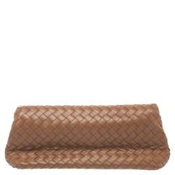Pre Owned Bottega Veneta Brown Intrecciato Woven Leather Flap Clutch