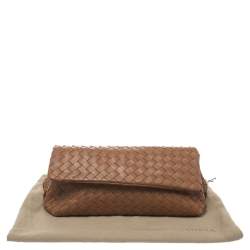 Pre Owned Bottega Veneta Brown Intrecciato Woven Leather Flap Clutch