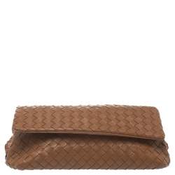 Pre Owned Bottega Veneta Brown Intrecciato Woven Leather Flap Clutch