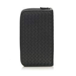 Pre Owned Bottega Veneta Black Intrecciato Leather Zip Around Wallet