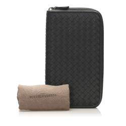 Pre Owned Bottega Veneta Black Intrecciato Leather Zip Around Wallet