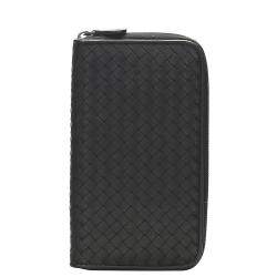 Pre Owned Bottega Veneta Black Intrecciato Leather Zip Around Wallet