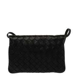Pre Owned Bottega Veneta Black Intrecciato Leather Small Flap Crossbody Bag