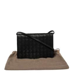 Pre Owned Bottega Veneta Black Intrecciato Leather Small Flap Crossbody Bag
