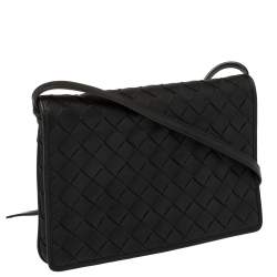 Pre Owned Bottega Veneta Black Intrecciato Leather Small Flap Crossbody Bag