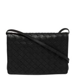 Pre Owned Bottega Veneta Black Intrecciato Leather Small Flap Crossbody Bag