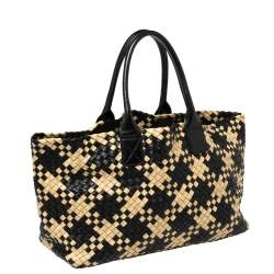 Pre Owned Bottega Veneta Black/Beige Intrecciato Leather Medium Cabat Tote