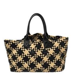 Pre Owned Bottega Veneta Black/Beige Intrecciato Leather Medium Cabat Tote