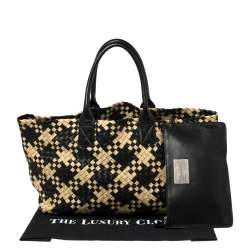 Pre Owned Bottega Veneta Black/Beige Intrecciato Leather Medium Cabat Tote