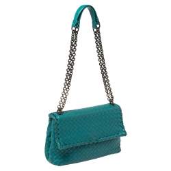 Pre Owned Bottega Veneta Blue  Intrecciato Leather Small Olimpia Shoulder Bag