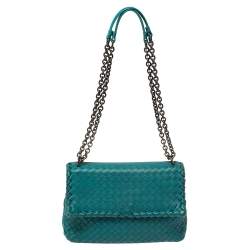 Pre Owned Bottega Veneta Blue  Intrecciato Leather Small Olimpia Shoulder Bag