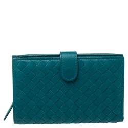 Pre Owned Bottega Veneta Green Intrecciato Leather French Wallet