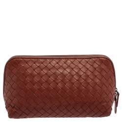 Pre Owned Bottega Veneta Brown Intrecciato Zip Clutch
