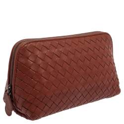 Pre Owned Bottega Veneta Brown Intrecciato Zip Clutch