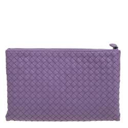 Pre Owned Bottega Veneta Lilac Intrecciato Leather Zip Pouch 