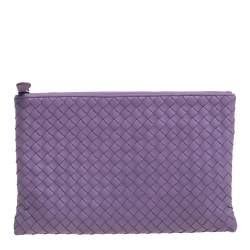 Pre Owned Bottega Veneta Lilac Intrecciato Leather Zip Pouch 