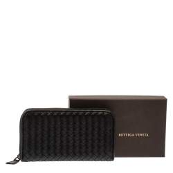 Pre Owned Bottega Veneta Black Intrecciato Leather Zip Around Wallet