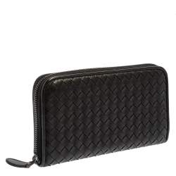 Pre Owned Bottega Veneta Black Intrecciato Leather Zip Around Wallet