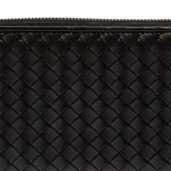 Pre Owned Bottega Veneta Black Intrecciato Leather Zip Around Wallet