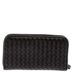 Pre Owned Bottega Veneta Black Intrecciato Leather Zip Around Wallet
