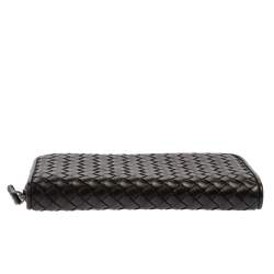 Pre Owned Bottega Veneta Black Intrecciato Leather Zip Around Wallet
