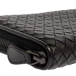 Pre Owned Bottega Veneta Black Intrecciato Leather Zip Around Wallet