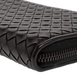 Pre Owned Bottega Veneta Black Intrecciato Leather Zip Around Wallet