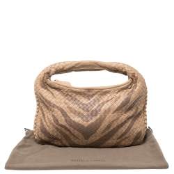 Pre Owned Bottega Veneta Beige Zebra Print Leather and Snakeskin Trim Veneta Hobo
