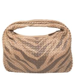 Pre Owned Bottega Veneta Beige Zebra Print Leather and Snakeskin Trim Veneta Hobo