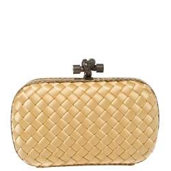 Pre Owned Bottega Veneta Beige Satin and Snakeskin Trim Knot Clutch