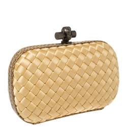 Pre Owned Bottega Veneta Beige Satin and Snakeskin Trim Knot Clutch