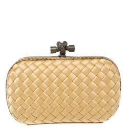 Pre Owned Bottega Veneta Beige Satin and Snakeskin Trim Knot Clutch