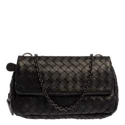 Pre Owned Bottega Veneta Black Intrecciato Leather Mini Flap Chain Crossbody Bag