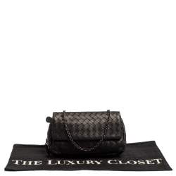 Pre Owned Bottega Veneta Black Intrecciato Leather Mini Flap Chain Crossbody Bag