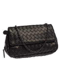 Pre Owned Bottega Veneta Black Intrecciato Leather Mini Flap Chain Crossbody Bag