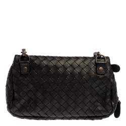 Pre Owned Bottega Veneta Black Intrecciato Leather Mini Flap Chain Crossbody Bag