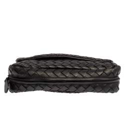 Pre Owned Bottega Veneta Black Intrecciato Leather Mini Flap Chain Crossbody Bag