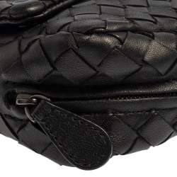Pre Owned Bottega Veneta Black Intrecciato Leather Mini Flap Chain Crossbody Bag