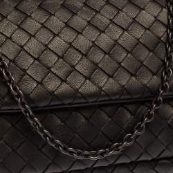 Pre Owned Bottega Veneta Black Intrecciato Leather Mini Flap Chain Crossbody Bag