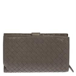 Pre Owned Bottega Veneta Grey Intrecciato Leather Long Wallet