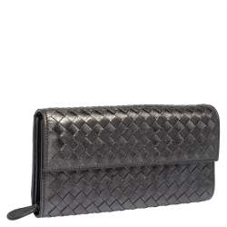 Pre Owned Bottega Veneta Metallic Grey Intrecciato Leather Flap Continental Wallet