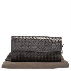 Pre Owned Bottega Veneta Metallic Grey Intrecciato Leather Flap Continental Wallet