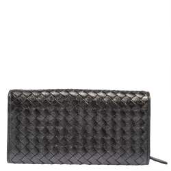 Pre Owned Bottega Veneta Metallic Grey Intrecciato Leather Flap Continental Wallet