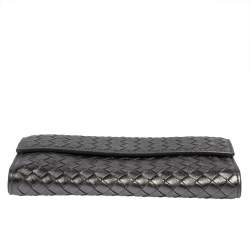 Pre Owned Bottega Veneta Metallic Grey Intrecciato Leather Flap Continental Wallet