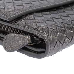 Pre Owned Bottega Veneta Metallic Grey Intrecciato Leather Flap Continental Wallet