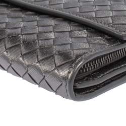 Pre Owned Bottega Veneta Metallic Grey Intrecciato Leather Flap Continental Wallet