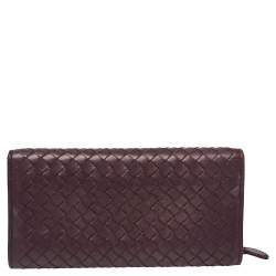 Pre Owned Bottega Veneta Plum Intrecciato Leather Continental Wallet