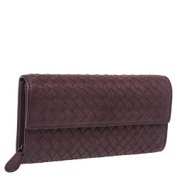 Pre Owned Bottega Veneta Plum Intrecciato Leather Continental Wallet