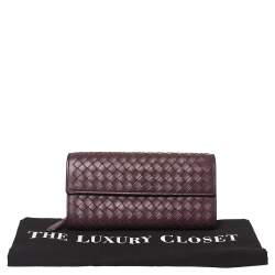 Pre Owned Bottega Veneta Plum Intrecciato Leather Continental Wallet
